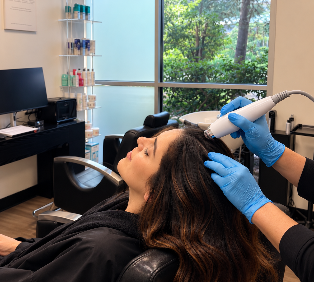 Scalp service in progress at Mod Mallak’s IMAGE Studios San Ramon studio, with the window, product shelving and workstation visible