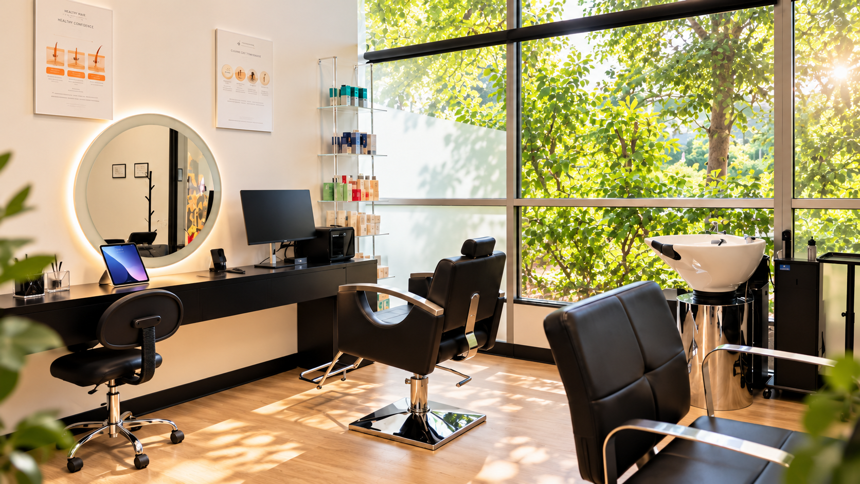 Mod Mallak’s studio interior in San Ramon with styling chair and large window